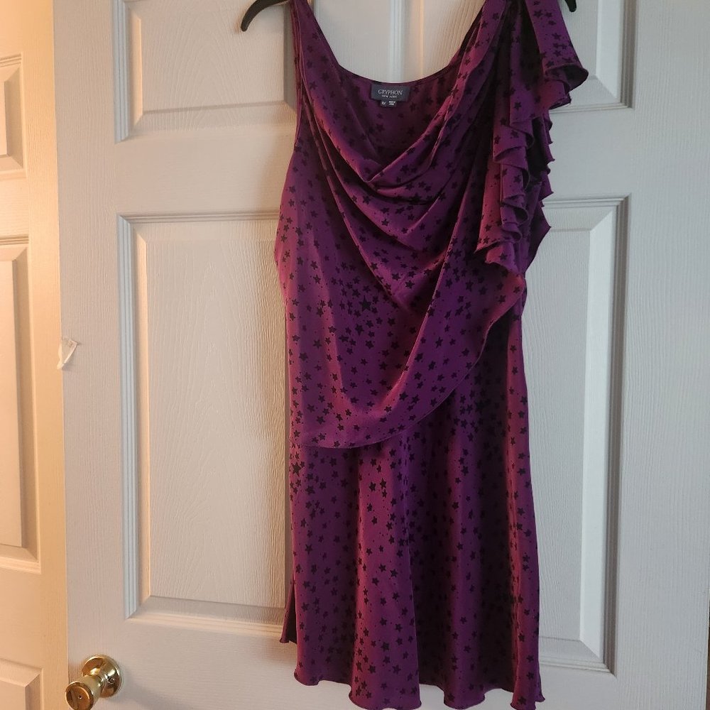 GRYPHON New York dress 100% Silk Asymmetrical Ruffles Purple/black stars size M